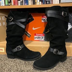 NINE WEST-black suede ‘O-LUCA 3’ knee high strap heeled boots